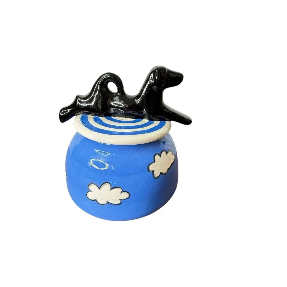 Alison Palmer Whimsical Black Dog Ceramic Lidded Cookie Jar Blue Cloud READ